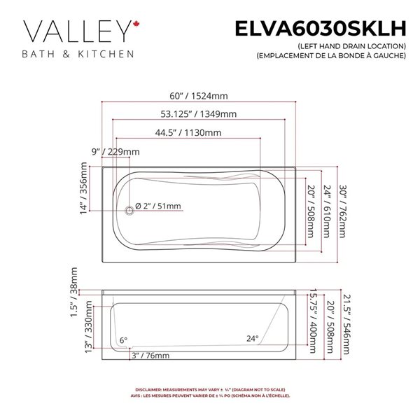 Valley Bath & Kitchen ELVA SKLH 60 x 30-in Rectangular White Acrylic Skirted Bathtub