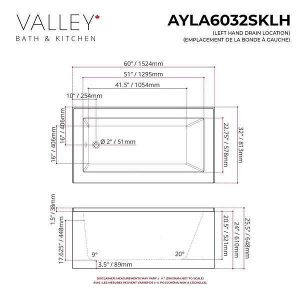 Valley Bath & Kitchen AYLA SKLH 60 x 32-in Rectangular White Acrylic Skirted Bathtub