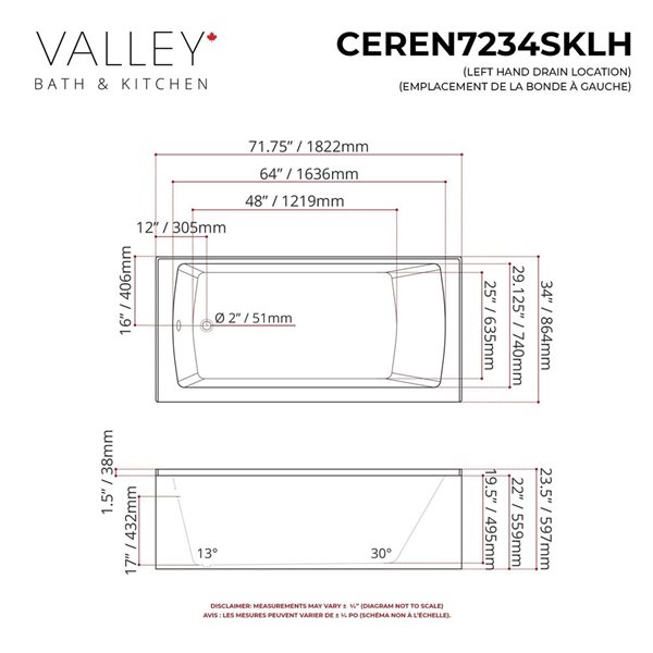 Valley Bath & Kitchen CEREN SKLH 72 x 34-in Rectangular White Acrylic Skirted Bathtub