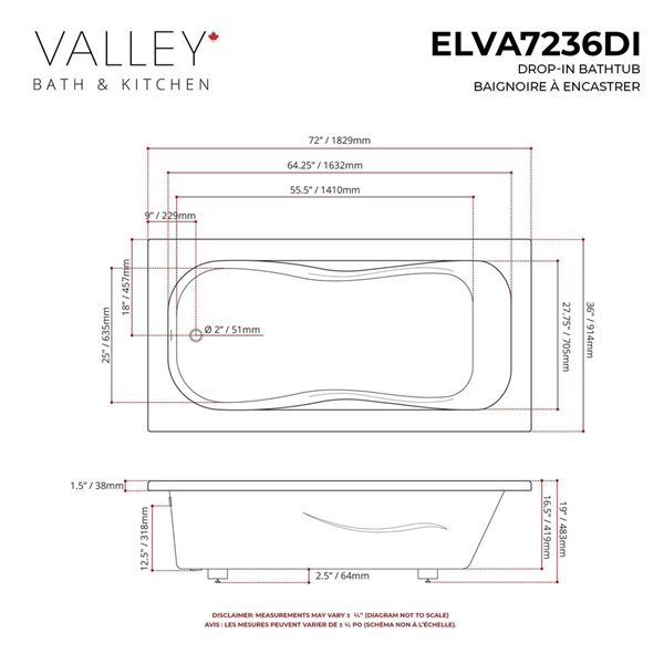 Valley Bath & Kitchen ELVA DI 72 x 36-in Rectangular Drop-in White Acrylic Bathtub