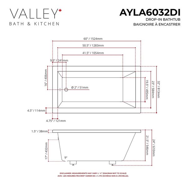 Valley Bath & Kitchen AYLA DI 60 x 32-in Rectangular Drop-in White Acrylic Bathtub