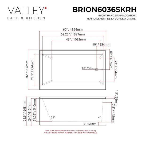Valley Bath & Kitchen BRION SKRH 60 x 36-in Rectangular White Acrylic Skirted Bathtub