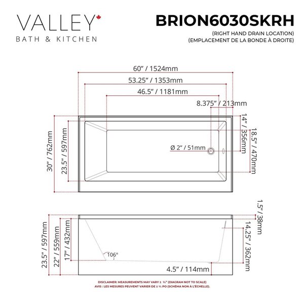 Valley Bath & Kitchen BRION SKRH 60 x 30-in Rectangular White Acrylic Skirted Bathtub