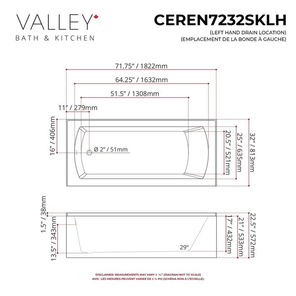 Valley Bath & Kitchen CEREN SKLH 72 x 32-in Rectangular White Acrylic Skirted Bathtub