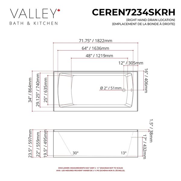 Valley Bath & Kitchen CEREN SKRH 72 x 34-in Rectangular White Acrylic Skirted Bathtub
