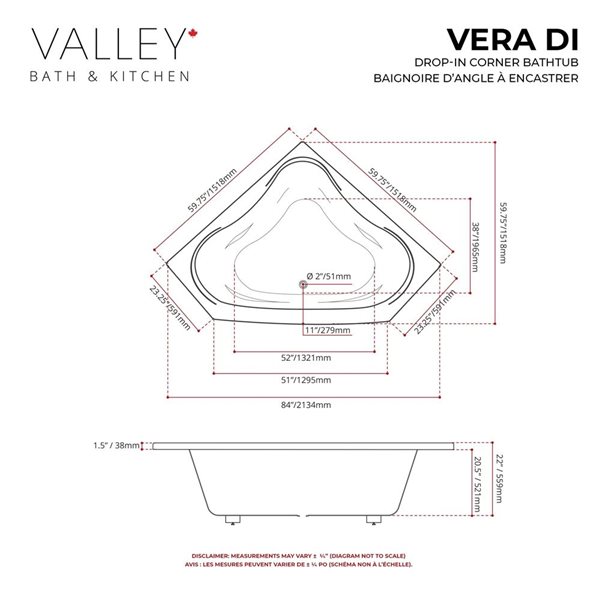 Valley Bath & Kitchen VERA DI 60 x 60-in Corner Drop-in White Acrylic Bathtub