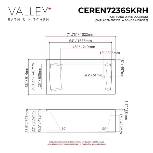 Valley Bath & Kitchen CEREN SKRH 72 x 36-in Rectangular White Acrylic Skirted Bathtub