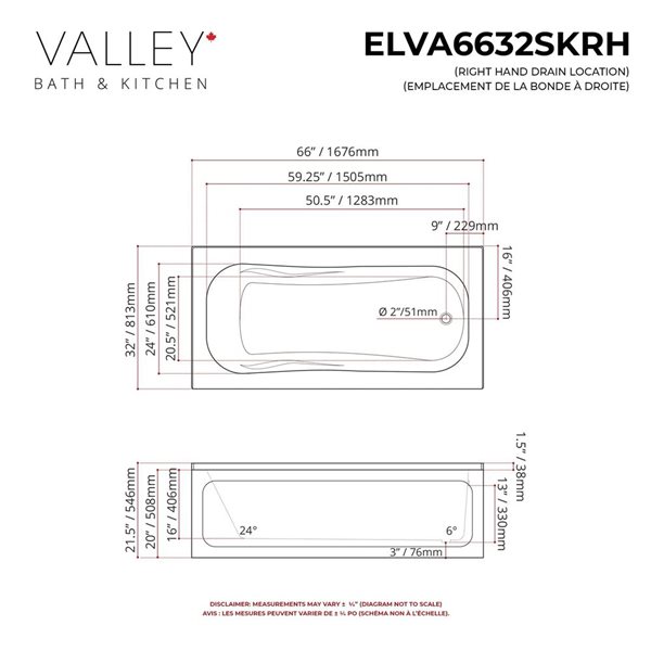 Valley Bath & Kitchen ELVA SKRH 66 x 32-in Rectangular White Acrylic Skirted Bathtub