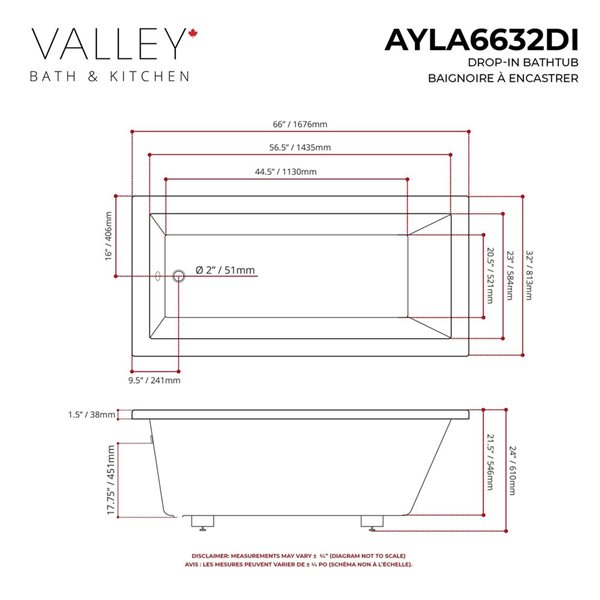 Valley Bath & Kitchen AYLA DI 66 x 32-in Rectangular Drop-in White Acrylic Bathtub