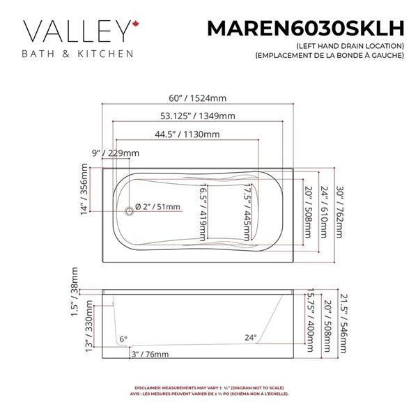 Valley Bath & Kitchen MAREN SKLH 60 x 30-in Rectangular White Acrylic Skirted Bathtub