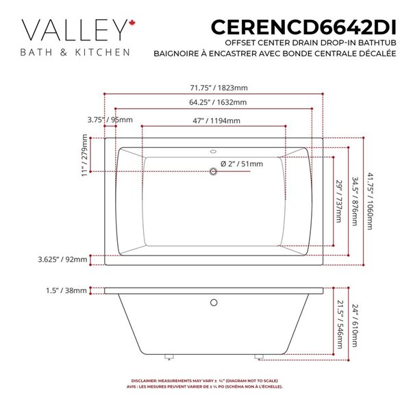Valley Bath & Kitchen CERENCD DI 72 x 42-in Rectangular Drop-in Off-set Center Drain White Acrylic Bathtub