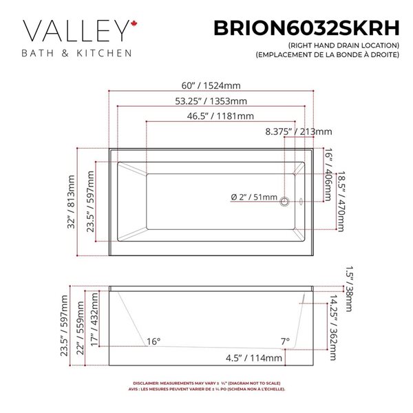 Valley Bath & Kitchen BRION SKRH 60 x 32-in Rectangular White Acrylic Skirted Bathtub