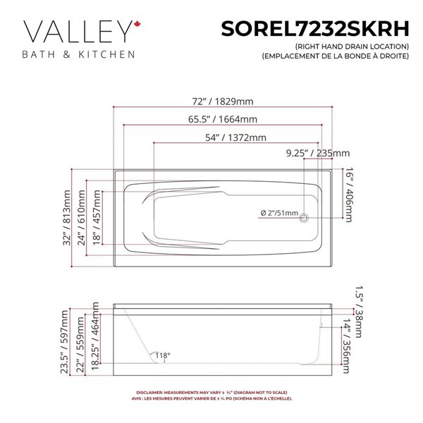 Valley Bath & Kitchen SOREL SKRH 72 x 32-in Rectangular White Acrylic Skirted Bathtub