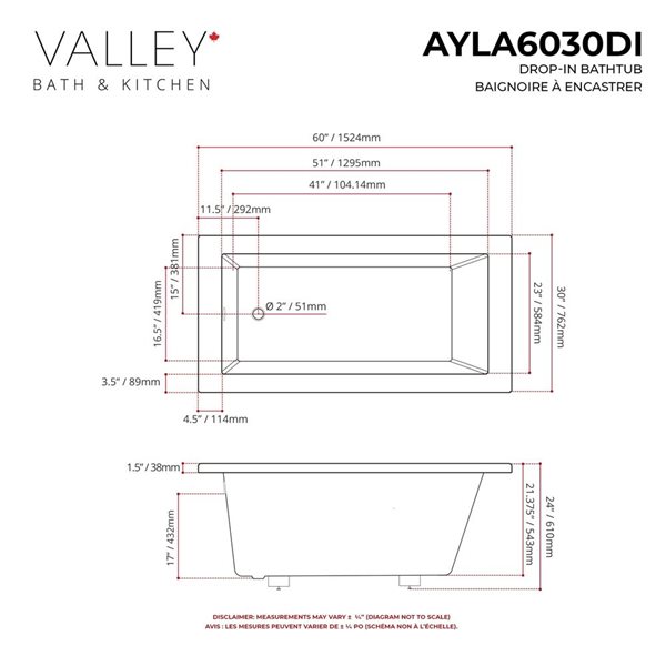 Valley Bath & Kitchen AYLA DI 60 x 30-in Rectangular Drop-in White Acrylic Bathtub