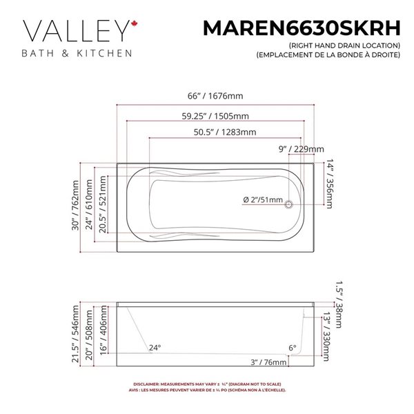Valley Bath & Kitchen MAREN SKRH 66 x 30-in Rectangular White Acrylic Skirted Bathtub