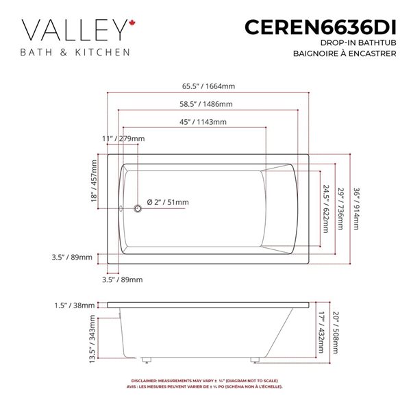 Valley Bath & Kitchen CEREN DI 66 x 36-in Rectangular Drop-in White Acrylic Bathtub