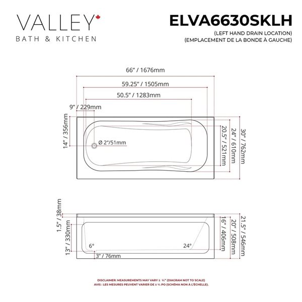 Valley Bath & Kitchen ELVA SKLH 66 x 30-in Rectangular White Acrylic Skirted Bathtub