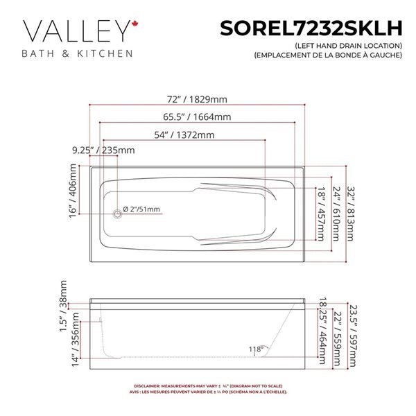 Valley Bath & Kitchen SOREL SKLH 72 x 32-in Rectangular White Acrylic Skirted Bathtub