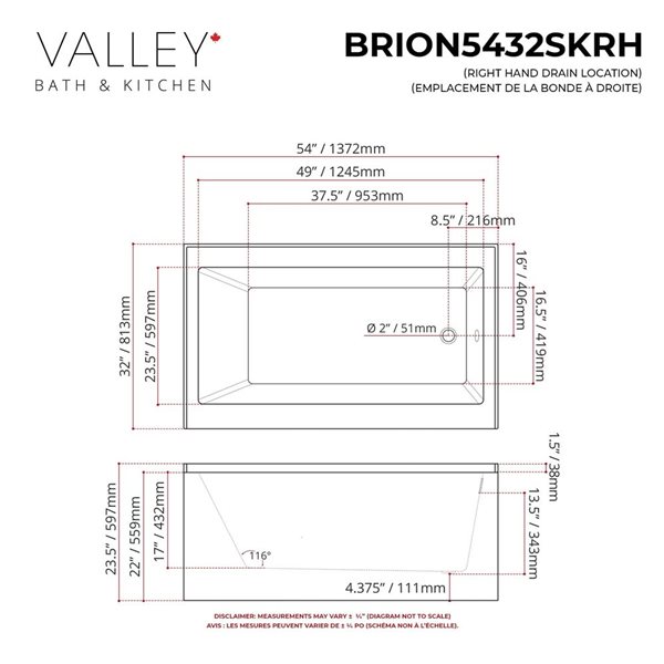 Valley Bath & Kitchen BRION SKRH 54 x 32-in Rectangular White Acrylic Skirted Bathtub