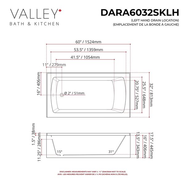Valley Bath & Kitchen DARA SKLH 60 x 32-in Rectangular White Acrylic Skirted Bathtub