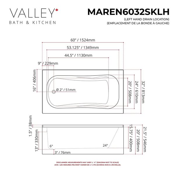Valley Bath & Kitchen MAREN SKLH 60 x 32-in Rectangular White Acrylic Skirted Bathtub