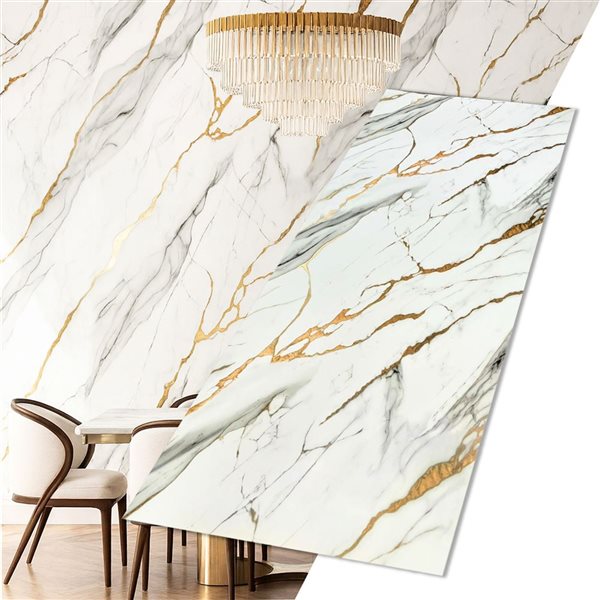 Dundee Deco Marble-Look Glossy PVC Wall Panel 4 x 9-ft - White/Grey/Gold