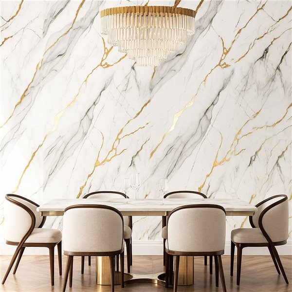 Dundee Deco Marble-Look Glossy PVC Wall Panel 4 x 9-ft - White/Grey/Gold