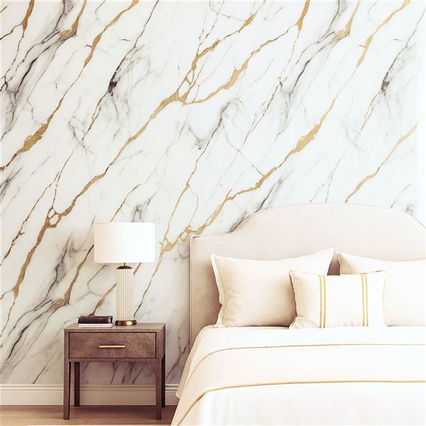 Dundee Deco Marble-Look Glossy PVC Wall Panel 4 x 9-ft - White/Grey/Gold