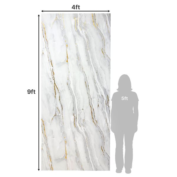 Dundee Deco Marble-Look Glossy PVC Wall Panel 4 x 9-ft - Off-White/Grey/Gold