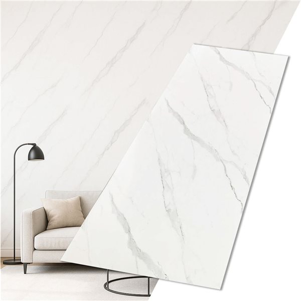 Dundee Deco Marble-Look Glossy PVC Wall Panel 4 x 9-ft - Off-White/Grey