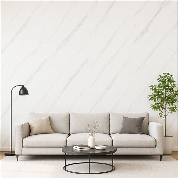 Dundee Deco Marble-Look Glossy PVC Wall Panel 4 x 9-ft - Off-White/Grey
