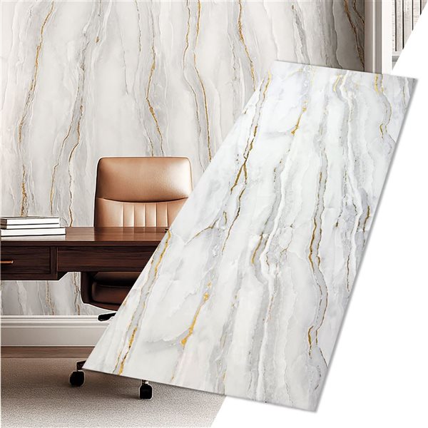 Dundee Deco Marble-Look Glossy PVC Wall Panels 4 x 9-ft - Off-White/Grey/Gold - 3-Pack