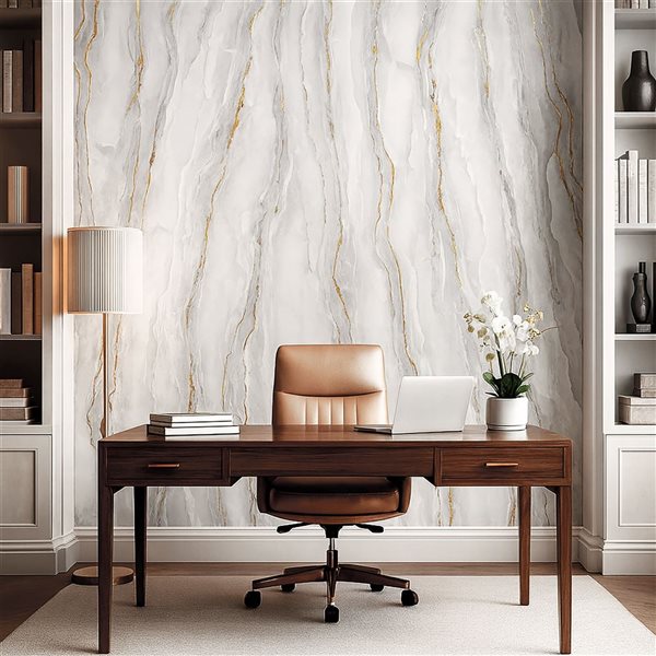Dundee Deco Marble-Look Glossy PVC Wall Panels 4 x 9-ft - Off-White/Grey/Gold - 3-Pack