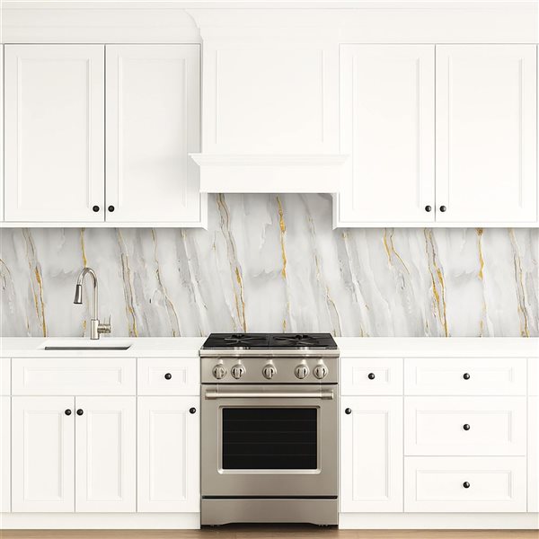 Dundee Deco Marble-Look Glossy PVC Wall Panels 4 x 9-ft - Off-White/Grey/Gold - 3-Pack