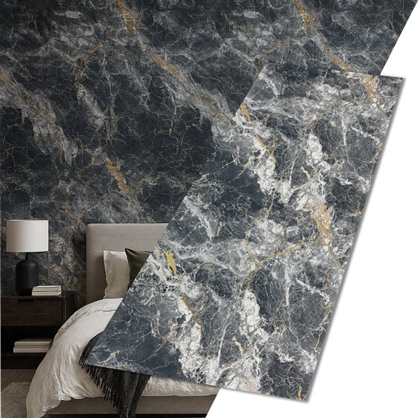 Dundee Deco Marble-Look Glossy PVC Wall Panels 4 x 9-ft - Black/White/Gold - 3-Pack