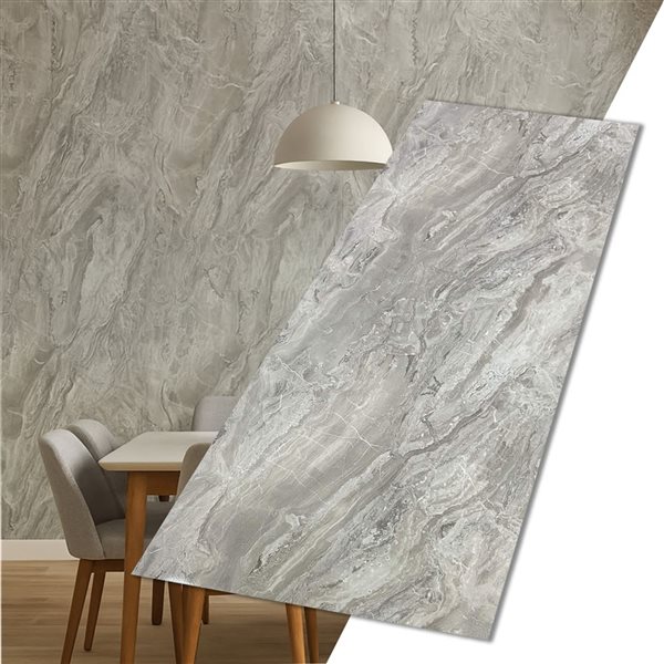 Dundee Deco Marble-Look Glossy PVC Wall Panels 4 x 9-ft - Grey - 2-Pack