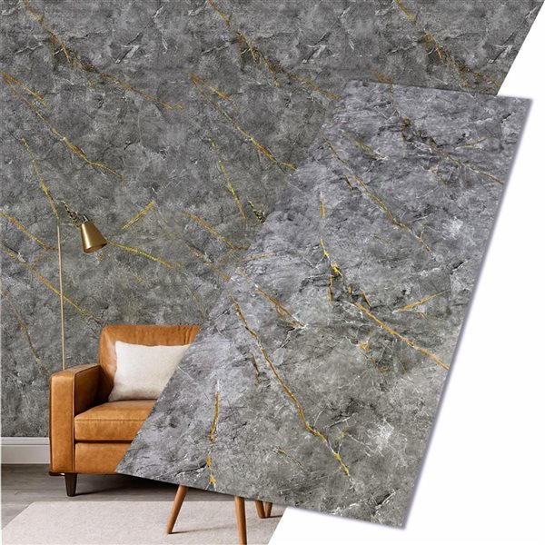 Dundee Deco Marble-Look Glossy PVC Wall Panels 4 x 9-ft - Grey/Gold - 3-Pack