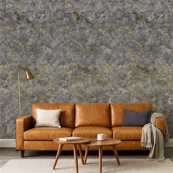 Dundee Deco Marble-Look Glossy PVC Wall Panels 4 x 9-ft - Grey/Gold - 3-Pack
