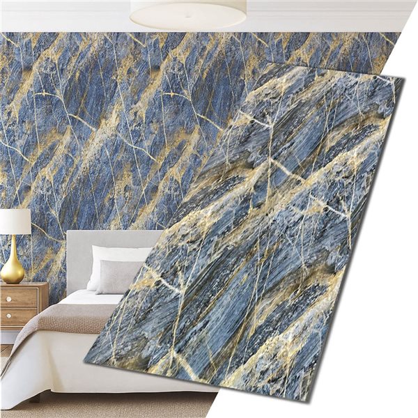 Dundee Deco Marble-Look Glossy PVC Wall Panels 4 x 9-ft - Blue/Gold - 5-Pack