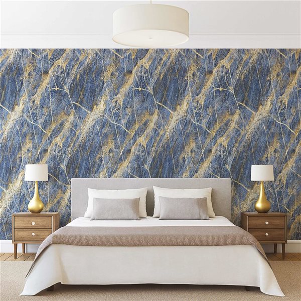 Dundee Deco Marble-Look Glossy PVC Wall Panels 4 x 9-ft - Blue/Gold - 5-Pack