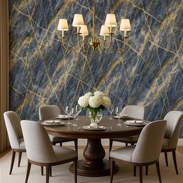 Dundee Deco Marble-Look Glossy PVC Wall Panels 4 x 9-ft - Blue/Gold - 5-Pack