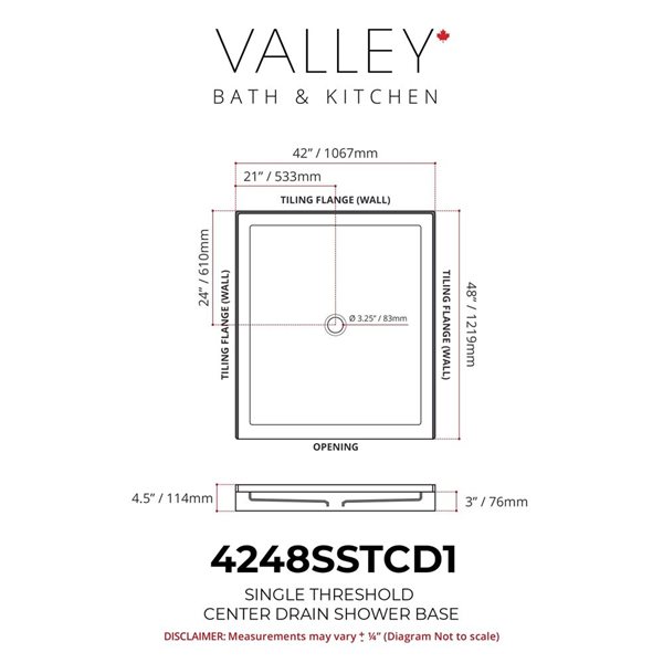 Valley Bath & Kitchen 4248SSTCD1 Acrylic Single Threshold Shower Base 42 x 48-in w/ Centre Drain - White