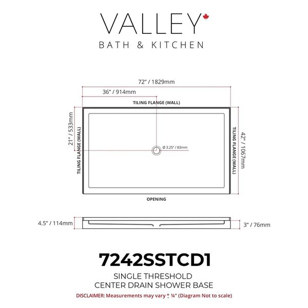 Valley Bath & Kitchen 7242SSTCD1 Acrylic Single Threshold Shower Base 72 x 42-in w/ Centre Drain - White