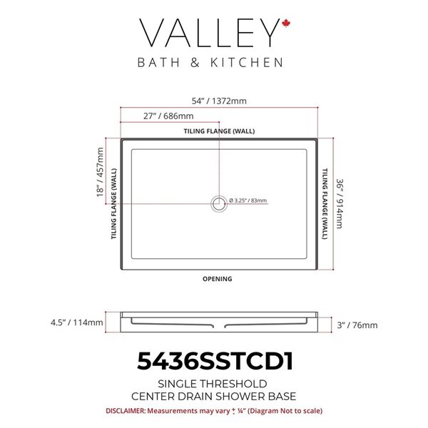 Valley Bath & Kitchen 5436SSTCD1 Acrylic Single Threshold Shower Base 54 x 36-in w/ Centre Drain - White