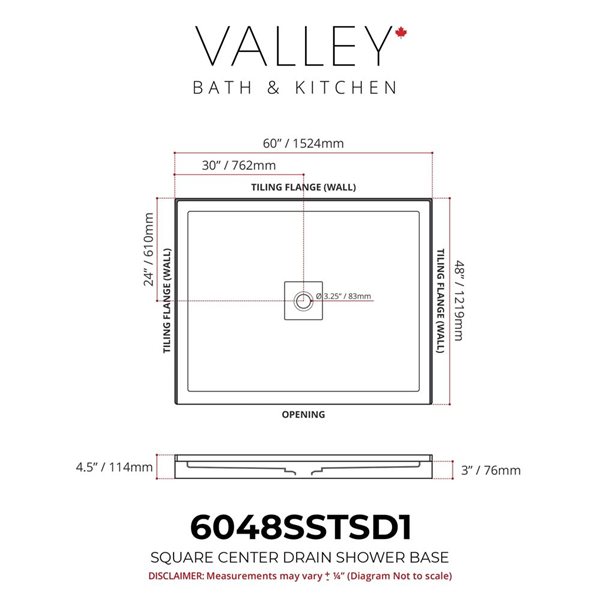 Valley Bath & Kitchen 6048SSTSD1 Acrylic Single Threshold Shower Base 60 x 48-in w/ Centre Drain - White