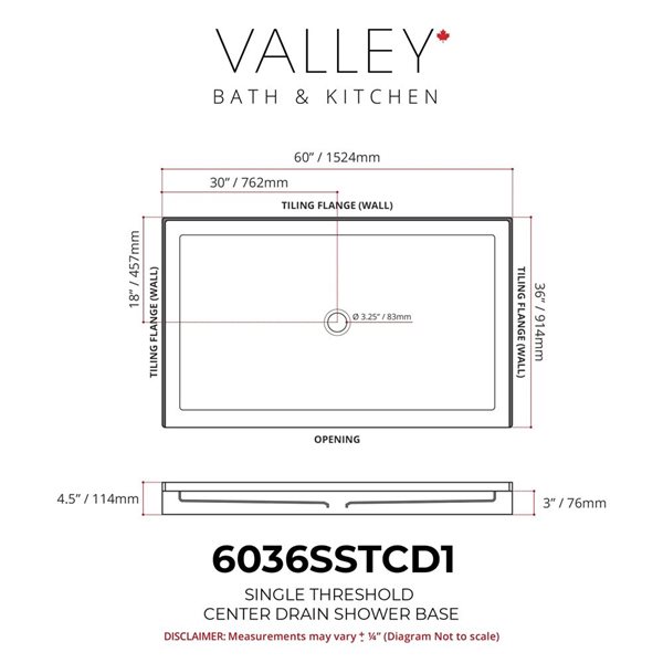 Valley Bath & Kitchen 6036SSTCD1 Acrylic Single Threshold Shower Base 60 x 36-in w/ Centre Drain - White