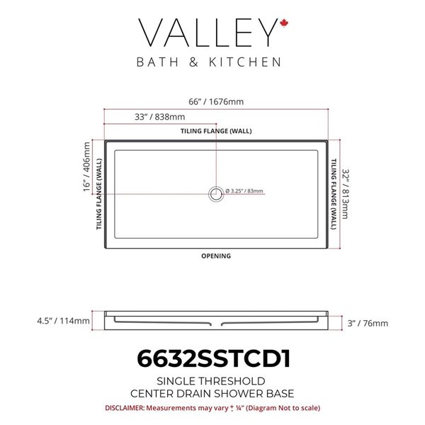Valley Bath & Kitchen 6632SSTCD1 Acrylic Single Threshold Shower Base 66 x 32-in w/ Centre Drain - White