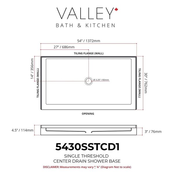 Valley Bath & Kitchen 5430SSTCD1 Acrylic Single Threshold Shower Base 54 x 30-in w/ Centre Drain - White