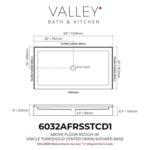Valley Bath & Kitchen 6032AFRSSTCD1 Acrylic Single Threshold Shower Base 60 x 32-in w/ Centre Drain + Rough-In