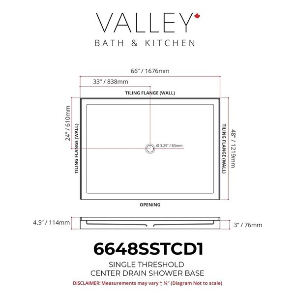 Valley Bath & Kitchen 6648SSTCD1 Acrylic Single Threshold Shower Base 66 x 48-in w/ Centre Drain - White